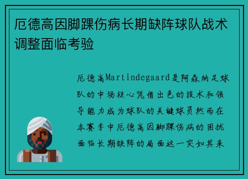 厄德高因脚踝伤病长期缺阵球队战术调整面临考验